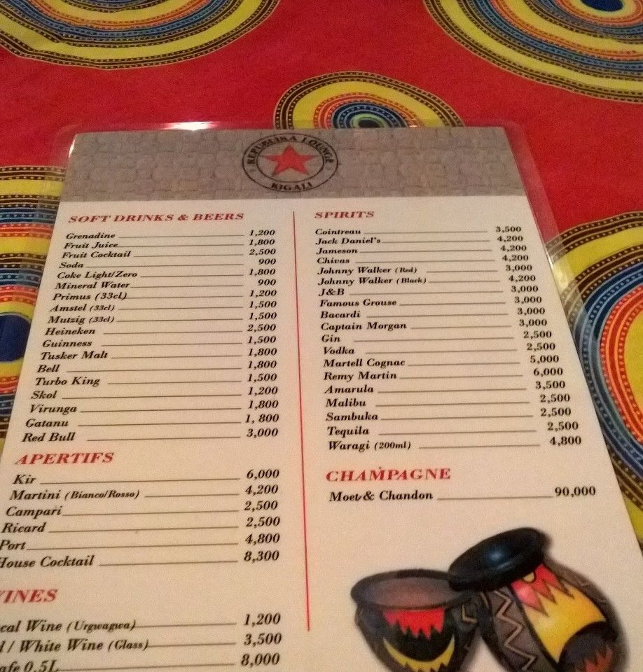 Menu of Republika in Kigali (Rwanda) for East-African Meal