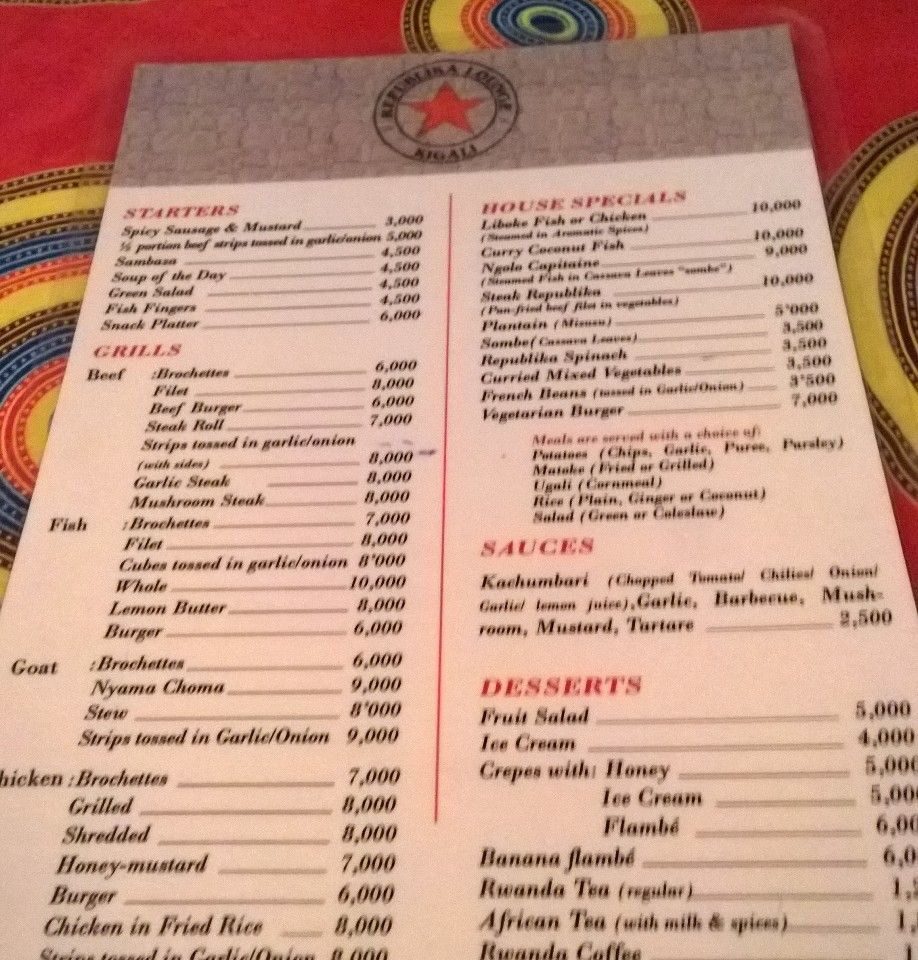 Menu of Republika in Kigali (Rwanda) for East-African Meal